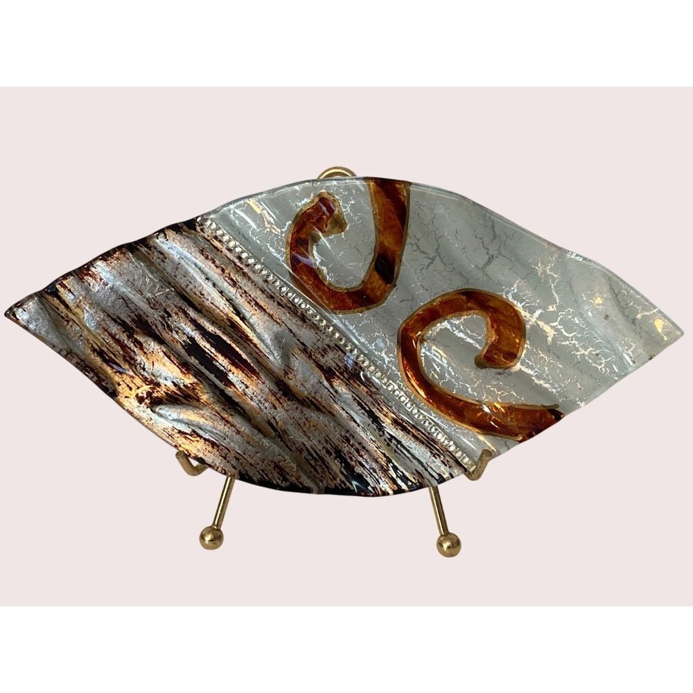 VTG Murano Art Candy Dish Brown White Rhinestone Deco Original Box Italy